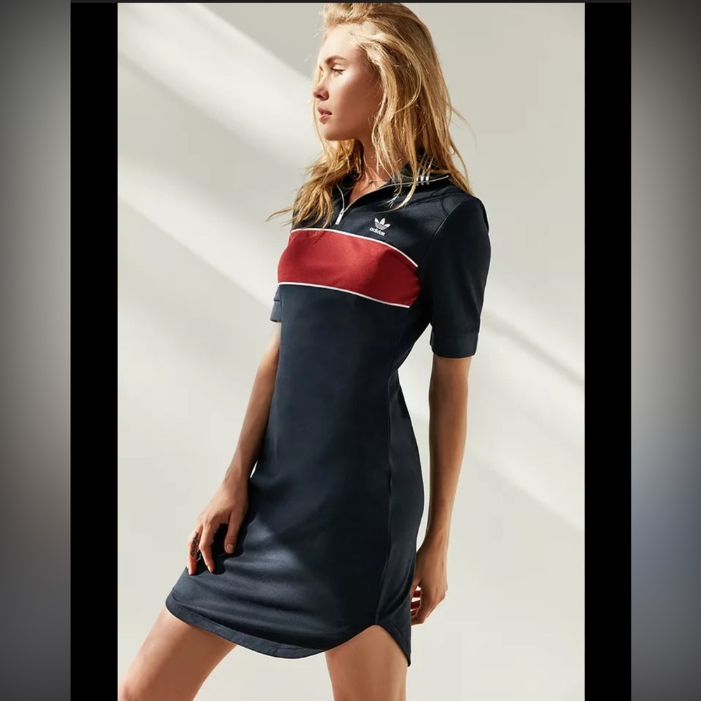 Adidas Originals Navy and Red Zip-Neck Mini Dress